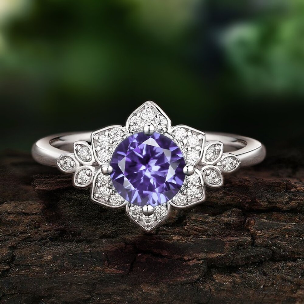Vintage Style Floral ring - Purple Tanzanite, Art Deco Flower Ring Collection